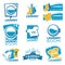 Laundry service vector template icons set of linen, washing machine and detergent