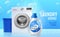 Laundry service. Washing machines equipment and preparations. Professional cleaning and caring of clothes. Soap bubbles