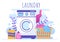 Laundry with Wash and Drying Machines in Flat Background Illustration. Dirty Cloth Lying in Basket and Women are Washing Clothes