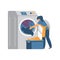 Laundry worker loading washing machine, flat vector illustration isolated.