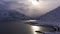 Laupstadosen Fjord and Mountains in Winter. Lofoten Islands, Norway. Aerial View