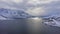 Laupstadosen Fjord and Mountains in Winter. Lofoten Islands, Norway. Aerial View