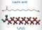 Lauric acid, dodecanoic acid, C12H24O2 molecule. It is a saturated fatty acid. Structural chemical formula and molecule model