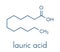 Lauric dodecanoic acid molecule. Common saturated medium chain fatty acid. Skeletal formula.