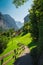 Lauterbrunnen alpine village view from the hiking trail, Switzerland