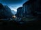 Lauterbrunnen valley at night with Village Church and Staubbach Waterfall - Lauterbrunnen, Switzerland