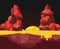 Lava cave background with rock and flowing liquid lava. Vector picture cartoon