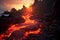 Lava flow emerging from a rock and pouring into a black volcanic landscape. Natural disasters