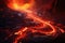 Lava flow emerging from a rock and pouring into a black volcanic landscape. Natural disasters