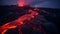 Lava flowing across a volcanic landscape, vastness of the molten terrain and the intense heat