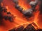 Lava landscape with volcano , fire burning with smoke