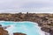 A lava mossy field with geothermal water near Grindavik in Iceland.