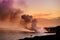 Lava pouring into the ocean creating a huge poisonous plume of smoke at Hawaii`s Kilauea Volcano, Big Island of Hawaii