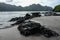 Lava rocks on shoreline with mountains in background, Nuku Hiva, Marquesas Islands, French Polynesia