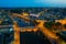 Laval city and Mayenne river in evening. View from above. France
