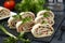 Lavash roll with smoked chicken, tomatoes, cheese and greens located on a dark background