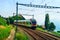 Lavaux, Switzerland - August 30, 2016: Train in Vineyard Terraces of Lavaux near Lake Geneva and Swiss Alps, Lavaux-Oron district