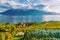 Lavaux, Switzerland: Little town, Lake Geneva and the Swiss Alps landscape seen from Lavaux vineyard tarraces in Canton