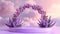 Lavender arch over empty product podium in whimsical setting against the backdrop of twilight