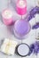 Lavender beauty products on a wooden table