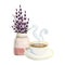 Lavender coffee cup with hot cappuccino with steam and vase with bouquet watercolor illustration