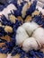 Lavender and cotton. Background of cozy flowers. Bouquet of dried flowers of cotton, gypsophila, wheat and lagurus.