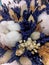 Lavender and cotton. Background of cozy flowers. Bouquet of dried flowers of cotton, gypsophila, wheat and lagurus.