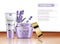 Lavender cream cosmetic set collection Vector mock up. Realistic product packaging label designs. Lotion and face cream
