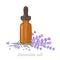 Lavender essential oil. Amber glass dropper bottle and fragrant flowers