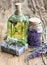 Lavender essential oil, herbal soap and bath salt with fresh flo