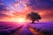 Lavender field at sunset with lonely tree. 3d render, Stunning lavender field landscape at summer sunset with a single tree, AI