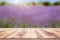 lavender fields farm montage photo with wooden table top Summer flower concept AI Generated