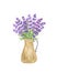 Lavender flowers, beige vintage jar arrangement, symbol of French Provence region, summer and vacation design, hand drawn floral