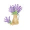 Lavender flowers, bouquet, beige vintage jar arrangement, symbol of French Provence region, summer and vacation design, hand drawn