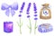 Lavender flowers. Elements for provence design. Violet bow, sachet, wrapped soap, burning candle. Hand drawn watercolor