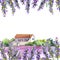 Lavender flowers and farm houses. Watercolor card