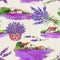 Lavender flowers field, bouquets, rural village houses. Watercolor in vintage provencal style. Seamless pattern on paper