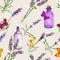 Lavender flowers, oil bottles, butterflies. Seamless pattern for aromatherapy. Watercolor
