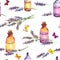 Lavender flowers, oil perfume bottles, butterflies. Repeating pattern for cosmetic, perfume, beauty design. Vintage