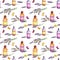 Lavender flowers, oil perfume bottles, butterflies. Repeating pattern for cosmetic, perfume, beauty design. Vintage