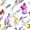 Lavender flowers, oil perfume bottles, butterflies. Repeating pattern for cosmetic, perfume, beauty design. Vintage