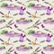Lavender flowers, oil perfume bottles, butterflies with rural houses and lavender fields. Repeating pattern for cosmetic