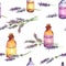 Lavender flowers, oil perfume bottles. Seamless pattern for cosmetic, perfume, beauty design. Vintage watercolor