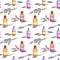 Lavender flowers, oil perfume bottles. Seamless pattern for massage, alternative medicine. Watercolor