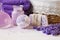 Lavender flowers, soap, aromatic sea salt and towels. Concept for spa, beauty and health salon, cosmetics store. Natural cosmetics