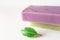 Lavender on green tea shampoo and body soap bar blocks and fresh leaf on white background. Health care, body care and hygiene