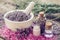 Lavender in mortar, aromatic sea salt, cream and bottles