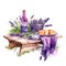 Lavender pancakes and juice picnic watercolor illustration, lavender clipart