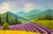 Lavender purple field painting. Italian summer countryside. French Tuscany. Field of yellow rye. Rural houses and high cypress tre