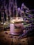 Lavender scented candle in glass jar on wooden table with lavender flowers in background, or illustrative image